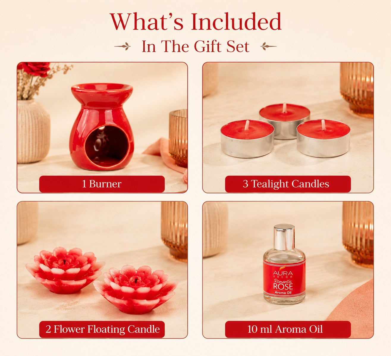 Aromatherapy Diffuser Gift Set with 4 Tealights & 2 Aroma Oil & 2 Floating Candles (GS-11)