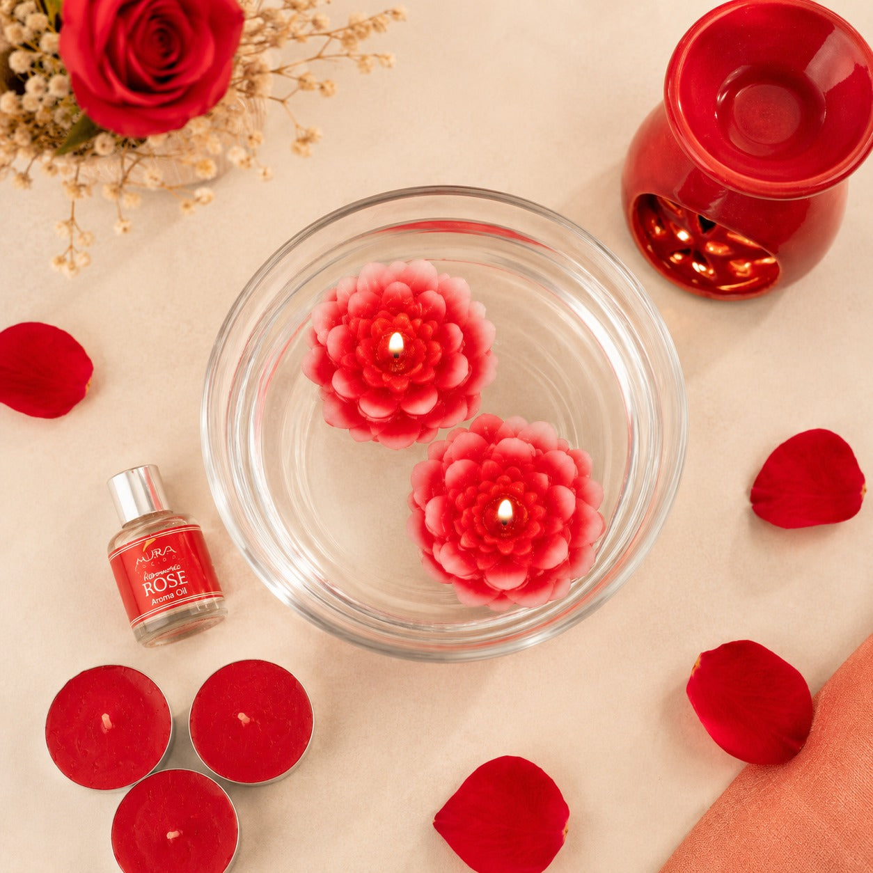 Aromatherapy Diffuser Gift Set with 4 Tealights & 2 Aroma Oil & 2 Floating Candles (GS-11)