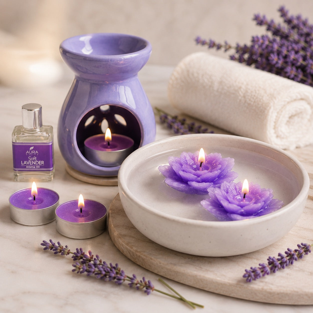 Aromatherapy Diffuser Gift Set with 4 Tealights & 2 Aroma Oil & 2 Floating Candles (GS-11)
