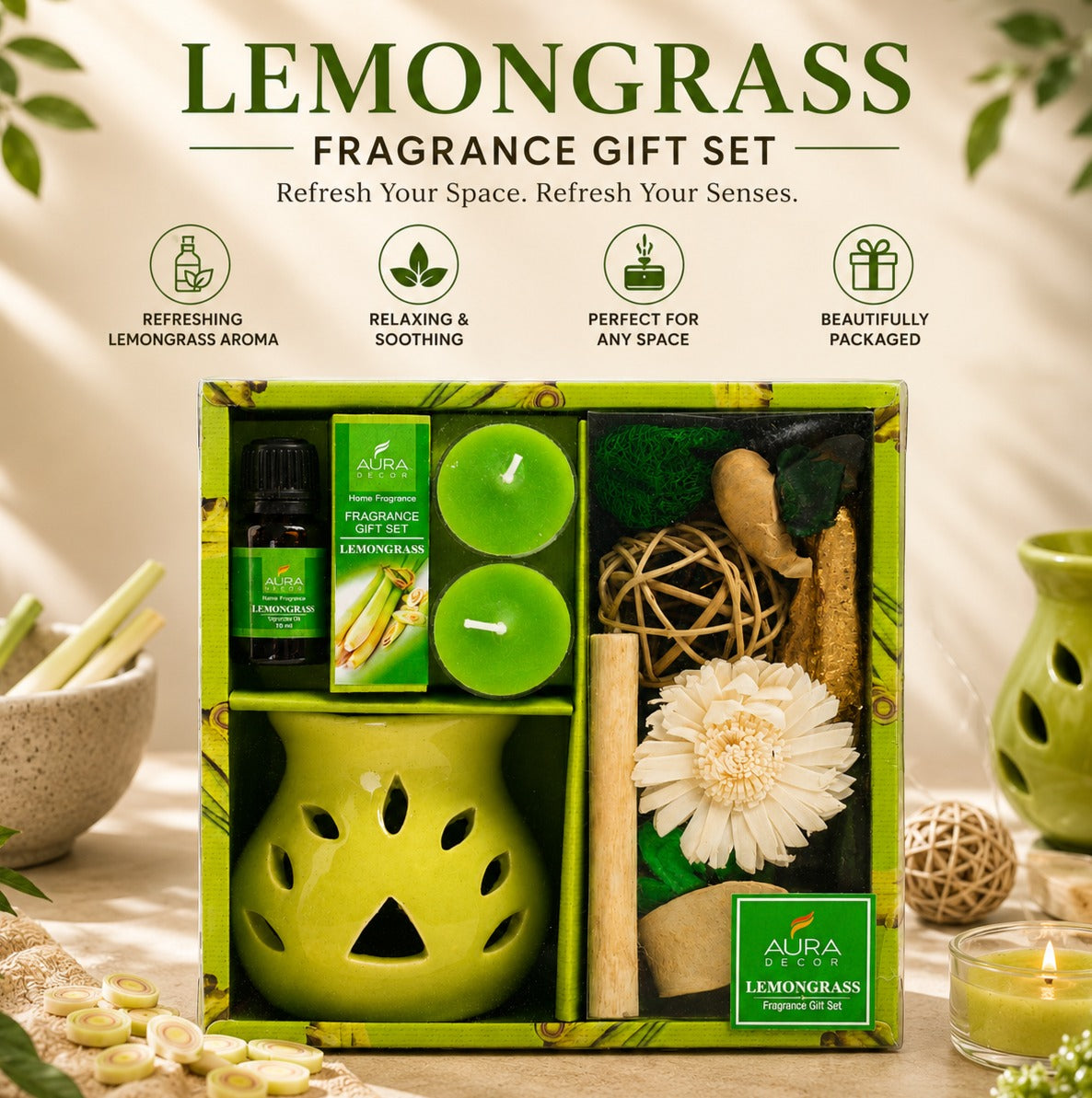 Bulk Buy AuraDecor Gift Set New ( GS-16 ) ( Diffuser , Fragrance, Potpourri & 2 Tealights ) MOQ 20 Sets