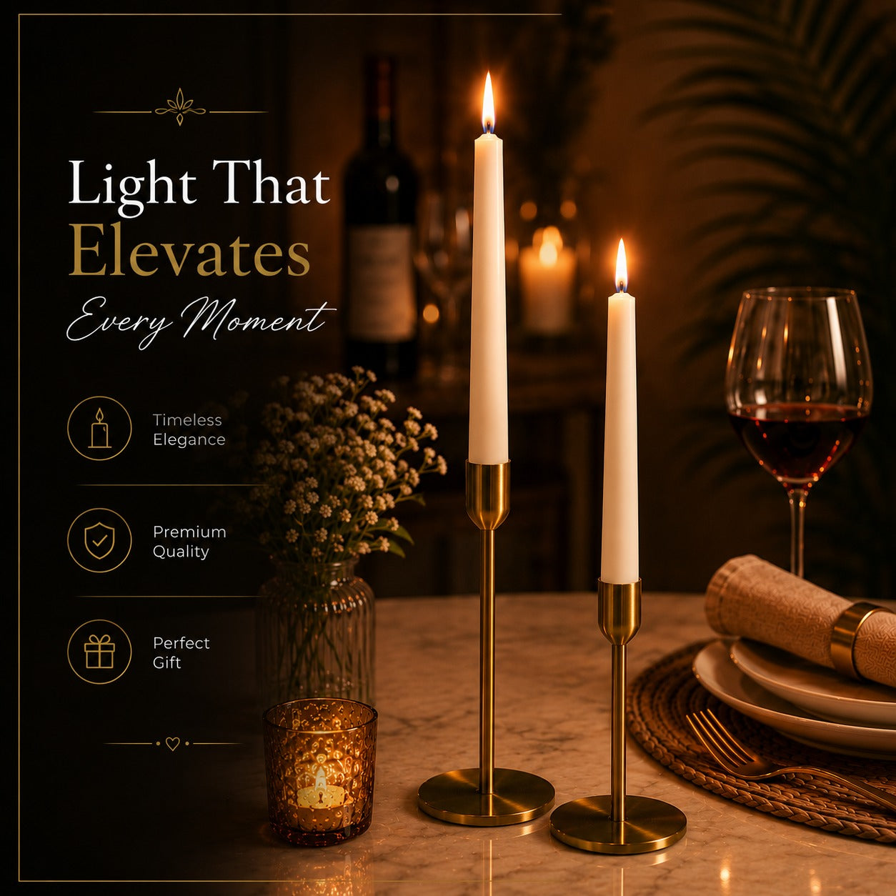 AuraDecor Luxury Dinner Candle Set with Gold Metal Holder | 10-Inch Taper Candle | Premium Table Decor & Gift Set