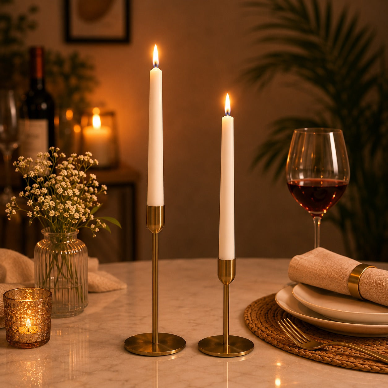 AuraDecor Luxury Dinner Candle Set with Gold Metal Holder | 10-Inch Taper Candle | Premium Table Decor & Gift Set