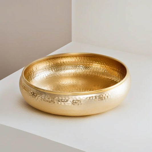 AuraDecor Decorative Urli Bowl for Floating Flowers, Potpourri and Tea-Light Candles Home, Office and Table Decor (Hammerd Golden Urli 12 Inch Dia)