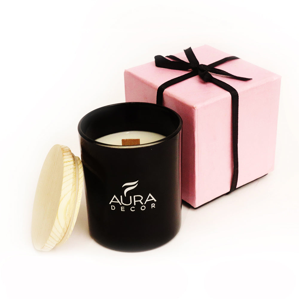 Bulk Buy Black Glass Candle with Wooden Lid & Wooden Wick & Gift Box Packaging ( 50 Pcs )