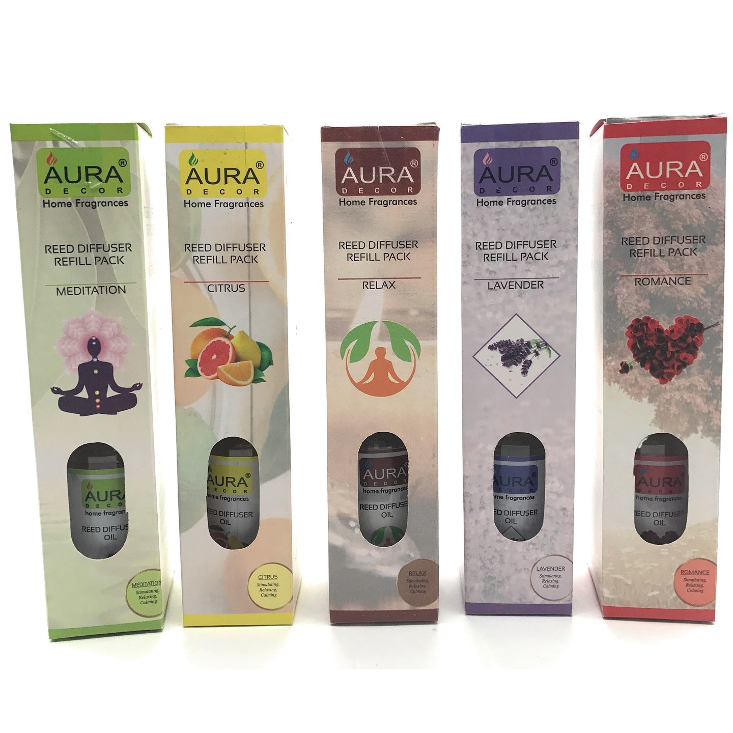 AuraDecor Set of 5 Reed Refill Pack 100 ml Each ( Lavender, Romance, Meditation, Relax, Citrus ) - auradecor.co.in