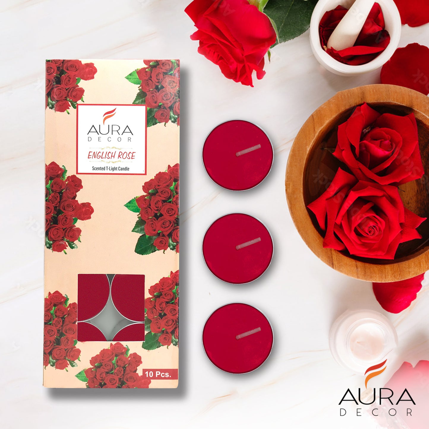AuraDecor Pack of 10 Tealight ( English Rose Fragrance )