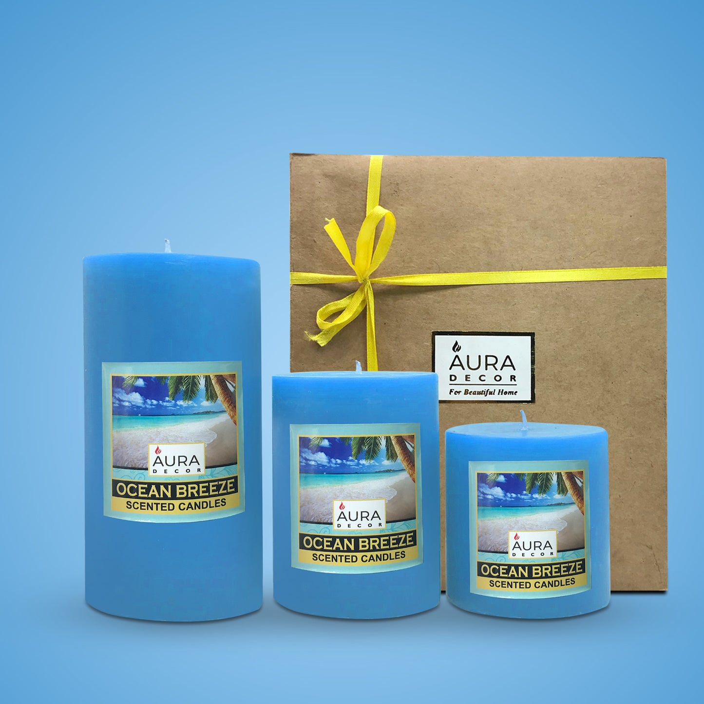 AuraDecor Pillar Candle Gift Set of 3 ( 3*3, 3*4, 3*6 inches ) ( Ocean Breeze )