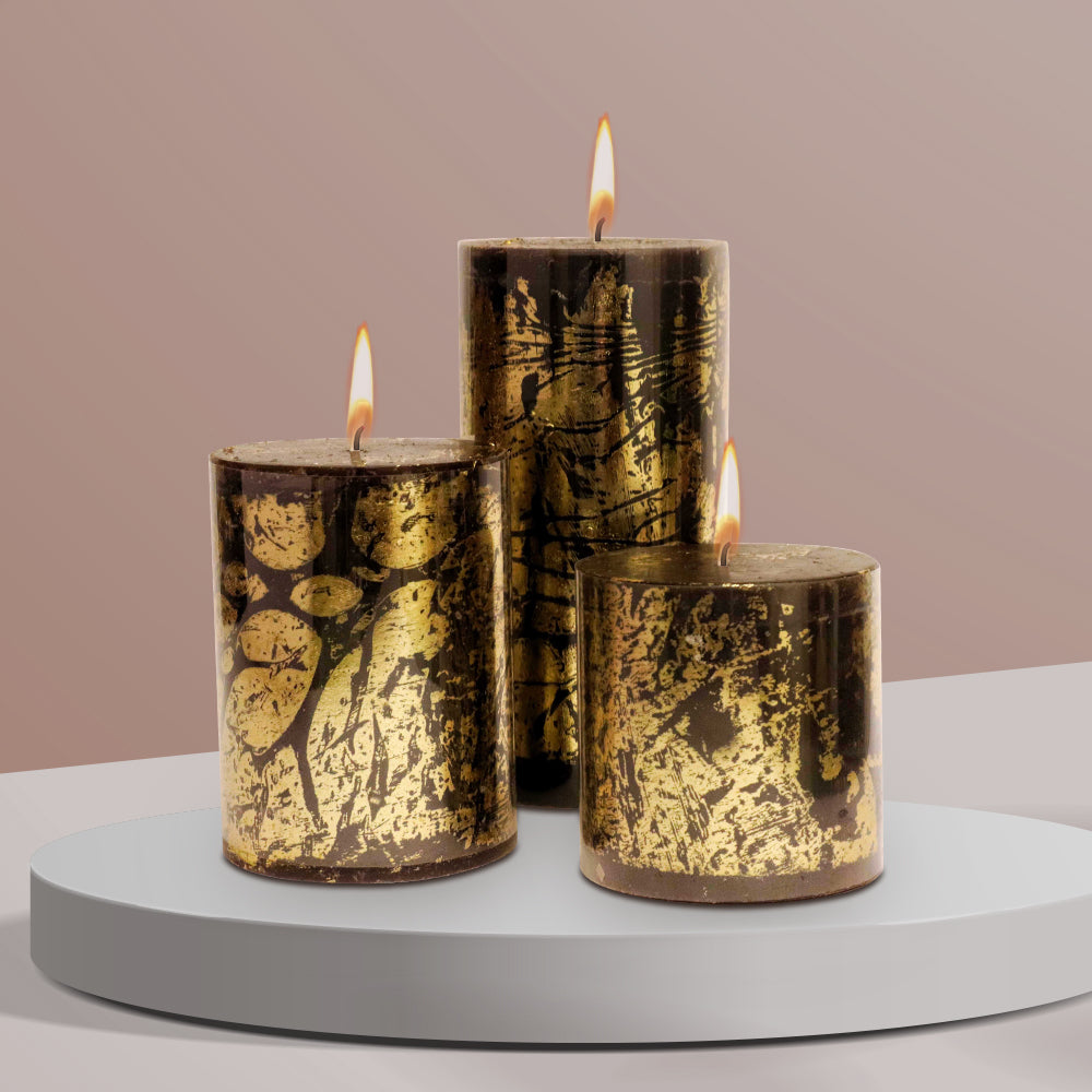 AuraDecor Black Gold Dust Pillar Candles Gift Set ( 3, 4, 6 inches Each )