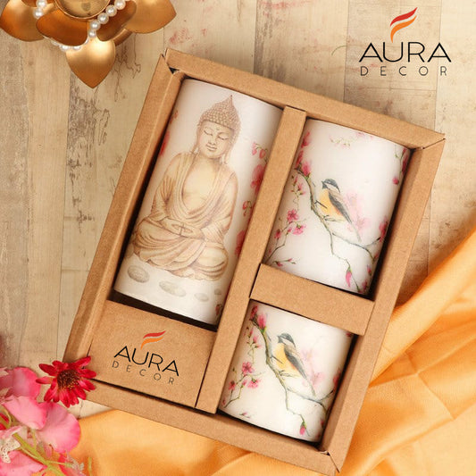 Set of 3 Buddha Image Printed Pillar Candles in a Gift Set