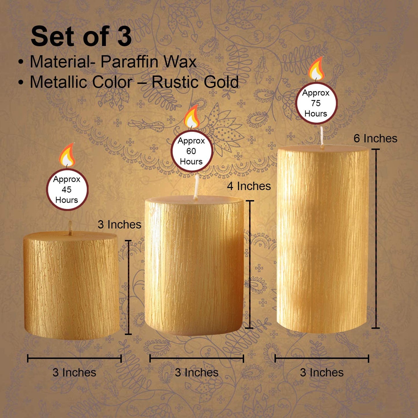 Bulk Buy Pillar Candle Set of 3 Candles ( 3*3, 3*4 , 3*6 Inches ) ( 12 Set Bulk Buy )