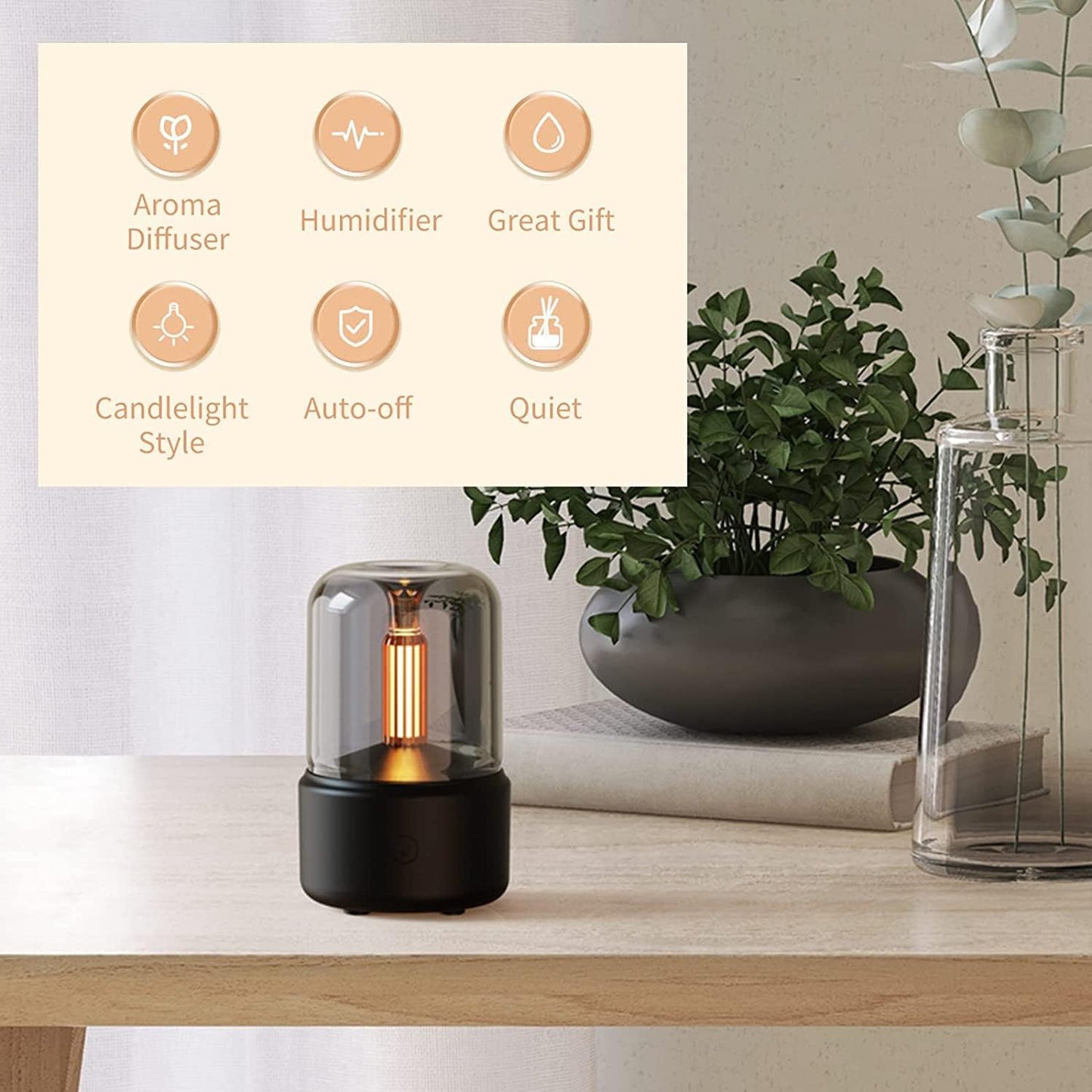 AuraDecor Candlelight Style Diffuser 120mL Auto-Shut Off Mist Humidifier Warm White Night Light Quiet Essential Oil Diffuser Cool Mist Air Humidifier for Desktop Home Office Bedroom Car