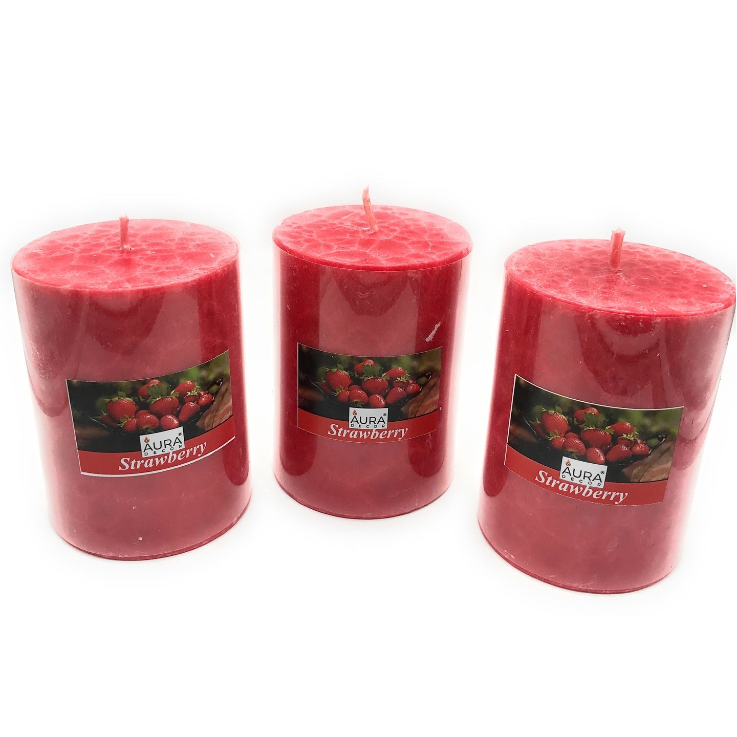 AuraDecor Pack of 3 Strawberry Fragrance Marble Finish Pillar Candle ( 3*4 Inches ) - auradecor.co.in