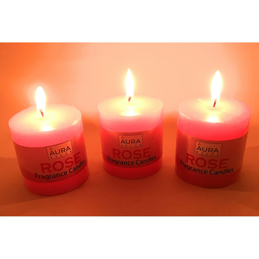 AuraDecor Set of 3 Rose Fragrance Pillar Candles - auradecor.co.in