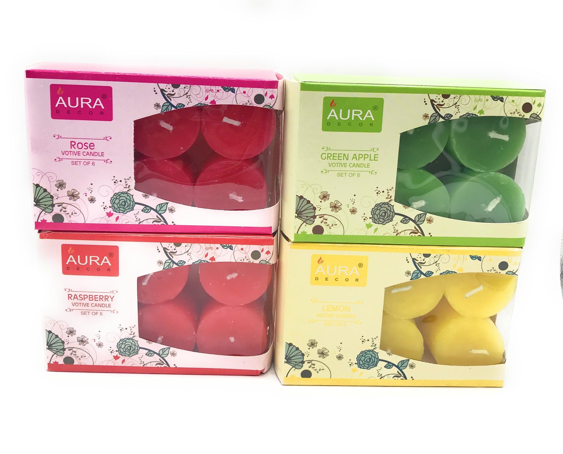 AuraDecor Bulk Pack of 24 Votive Each Pack of 6 ( Rasberry, Rose, Green Apple. Lemon) - auradecor.co.in