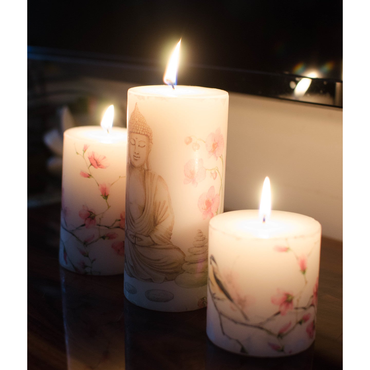 Set of 3 Buddha Image Printed Pillar Candles in a Gift Set - auradecor.co.in
