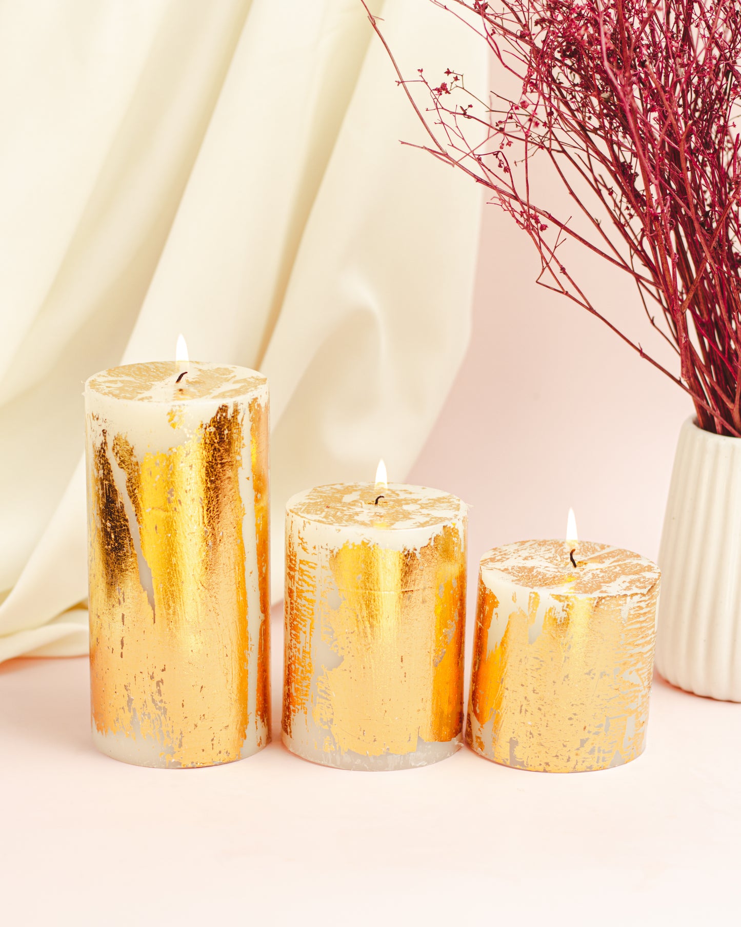AuraDecor Set of 3 Gold Dust Pillar Candles ( 3, 4, 6 Inches )