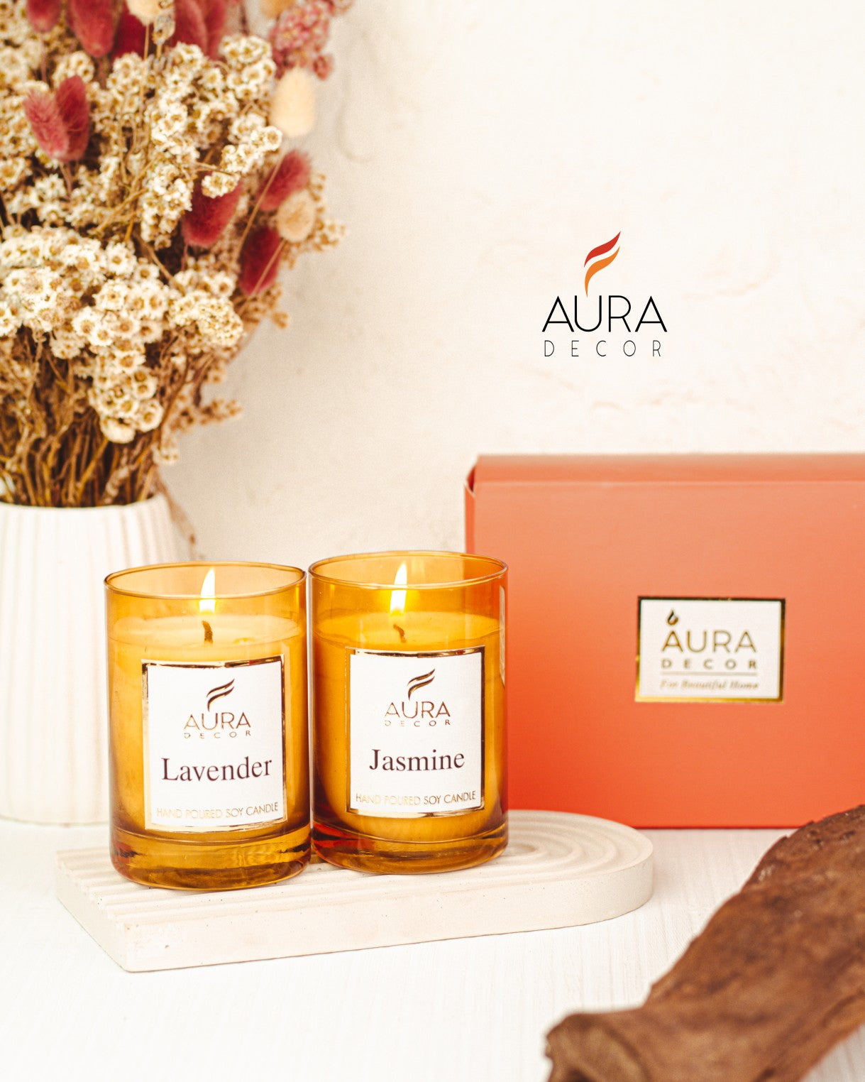 AuraDecor Set of 2 Amber Glass Jar Candles || Soya Wax || Candle Gift Set