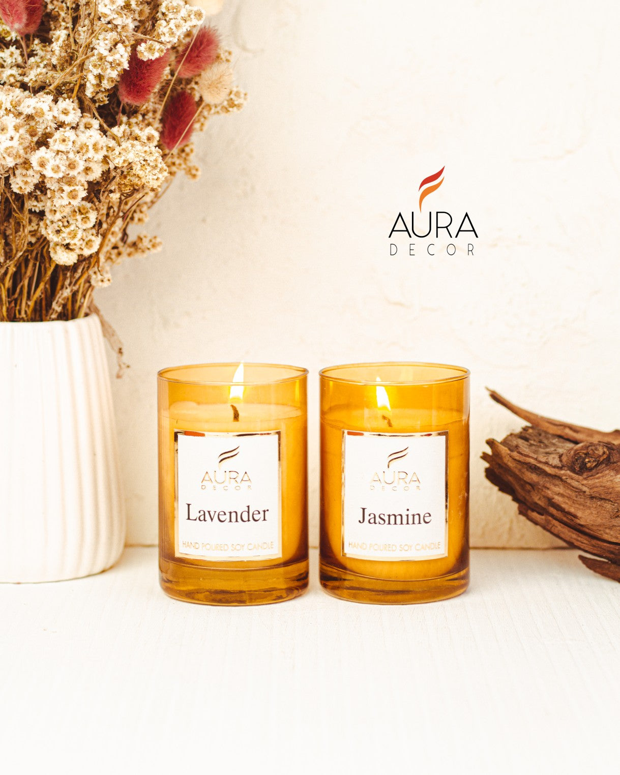 AuraDecor Set of 2 Amber Glass Jar Candles || Soya Wax || Candle Gift Set