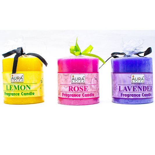 AuraDecor Set of 3 Fragrance Pillar Candle 2.5 *2.5 Inch Each ( Lemon, Rose, Lavender ) - auradecor.co.in